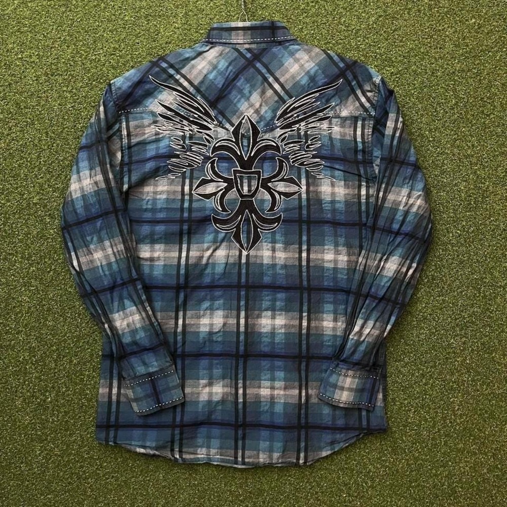 Y2K‎ Red Ranch Embroidered Plaid Pearl Snap Yoke Western Button Down Shirt